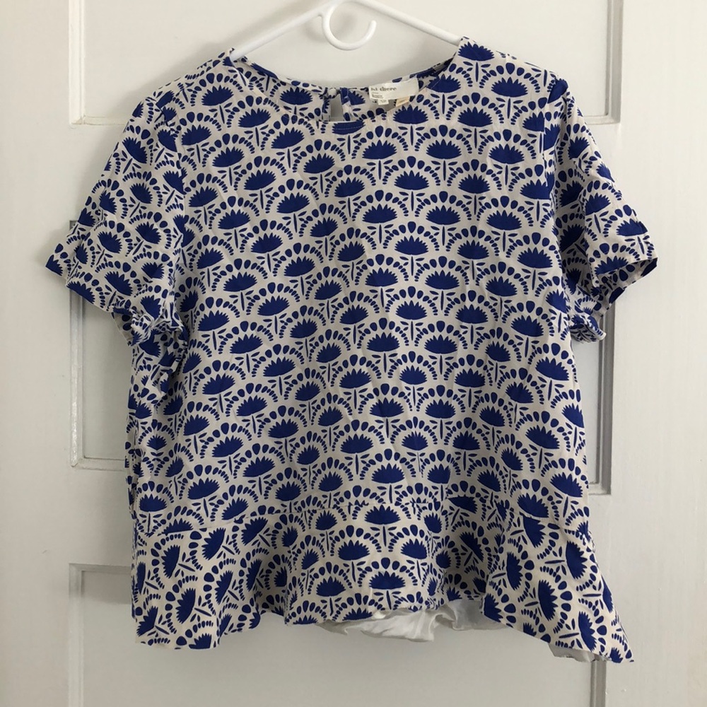 Karen Walker peplum blouse blue white 12 or L